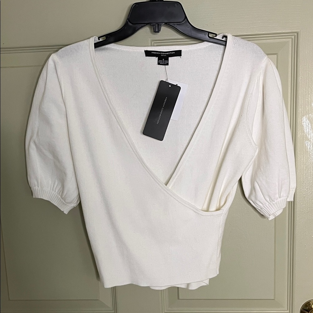 French Connection White Ribbed Knit Top